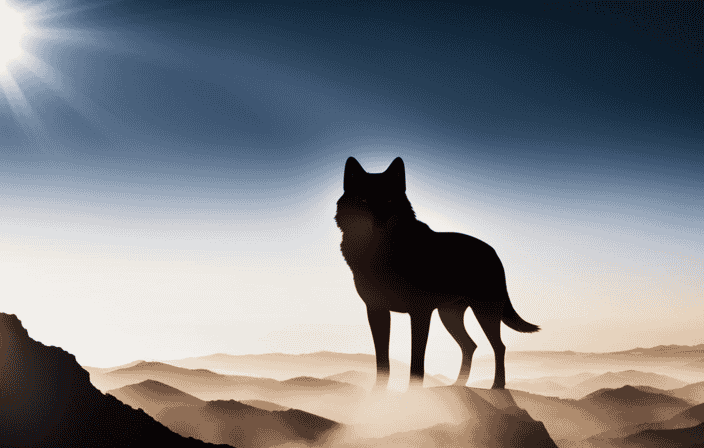 An image of a lone wolf standing on a mountaintop, gazing out at the vast landscape below