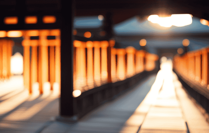 An image capturing the tranquil ambiance of a Shinto shrine at dawn: rays of soft golden light filtering through towering torii gates, casting gentle shadows on stone lanterns and winding paths leading to sacred prayer halls
