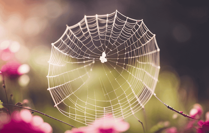 An image capturing the essence of spider symbolism: a delicate spiderweb, intricately woven between vibrant blossoms, with the morning light casting ethereal shadows, symbolizing the powerful connection between creativity and spiritual growth