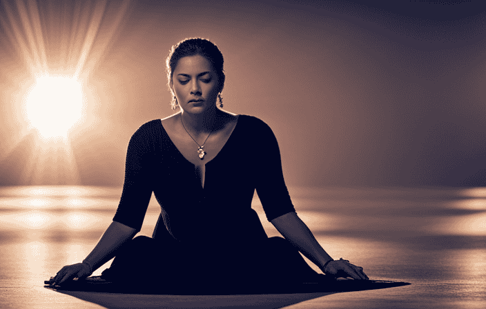 An image of a serene, candlelit room with a person sitting cross-legged, eyes closed, wearing dangling silver earrings