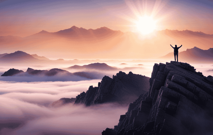 An image showcasing a serene sunrise over a mist-covered mountain range, with a lone figure standing at the summit, arms outstretched in gratitude, embodying mindfulness and readiness to conquer the challenges that lie ahead