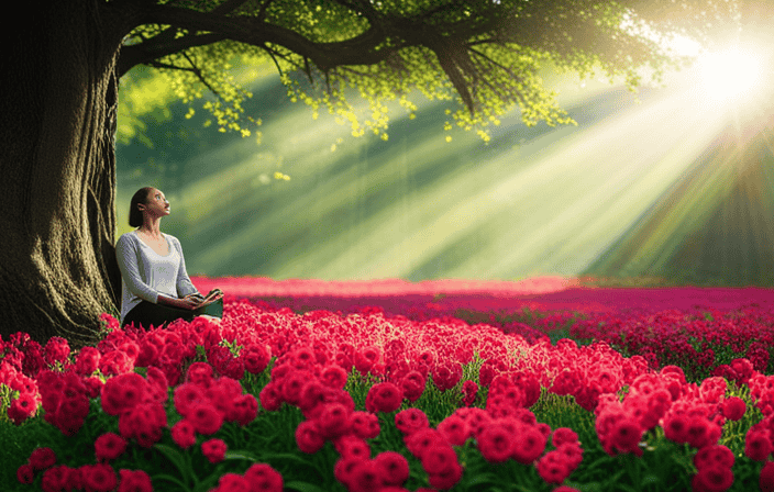 An image that depicts a serene forest scene, with a person meditating under a towering tree, surrounded by vibrant flowers