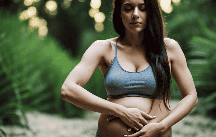 An image that portrays a serene pregnant woman surrounded by lush greenery, gently practicing yoga on a tranquil beach, with soft sunlight casting a warm glow, and a gentle breeze rustling her hair