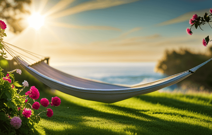 An image showcasing a serene, sun-drenched garden with a cozy hammock nestled between vibrant flowers, inviting readers to imagine themselves resting peacefully, surrounded by nature, as they explore the benefits of taking time off work for stress