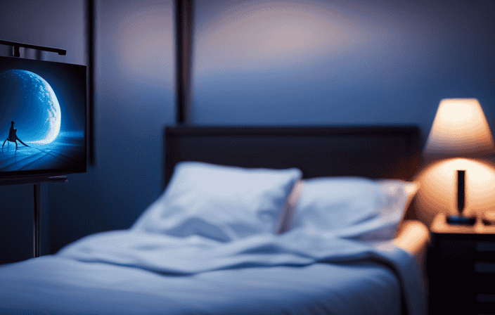 An image depicting a dimly lit bedroom with a restless sleeper tossing and turning