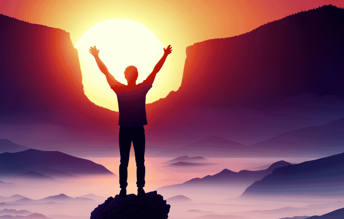 An image showcasing a silhouette of a person standing on a mountaintop, surrounded by a vibrant sunrise, while their outstretched arms embrace the universe, symbolizing the characteristics, practices, and growth of a spiritual individual
