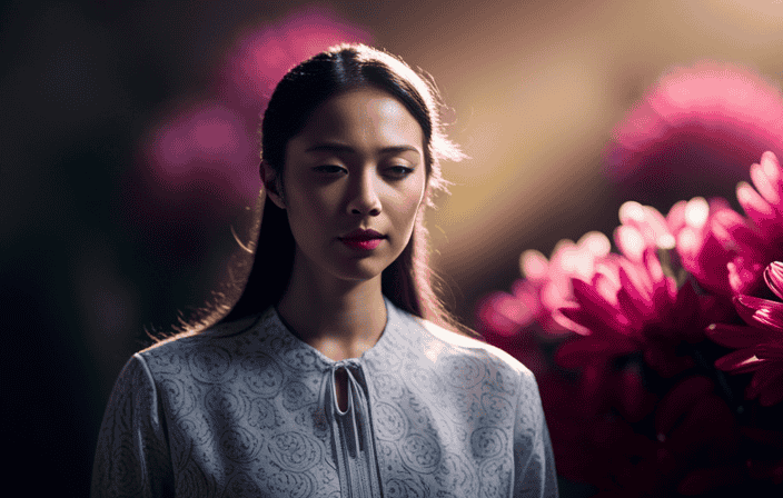 An image portraying a solitary figure standing in a darkened room, surrounded by vibrant, blooming flowers