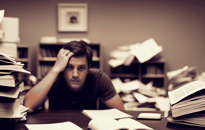An image depicting a college student sitting at a cluttered desk, surrounded by textbooks and notes, with heavy eyelids and a disheveled appearance, emphasizing the negative impact of skipping sleep meditations on their academic performance