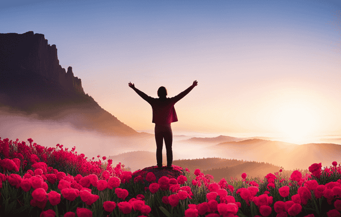 the essence of a spiritual awakening: a solitary figure standing on a serene mountaintop at sunrise, surrounded by vibrant blooming flowers, as their outstretched arms reach for the sky in surrender
