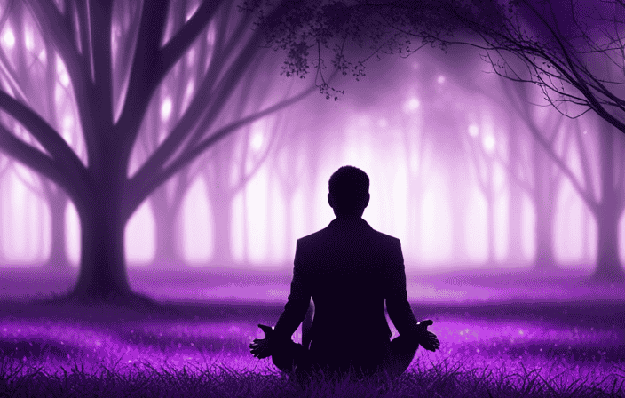 An image that portrays a serene, ethereal scene: a solitary figure sitting cross-legged under a majestic violet tree, as soft rays of violet light permeate the atmosphere, enveloping them in an aura of spiritual enlightenment