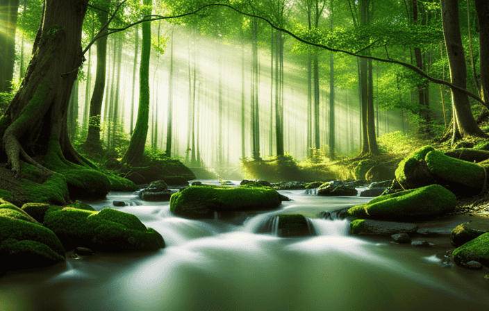 An image capturing the essence of a green aura: a serene forest grove bathed in dappled sunlight, where lush emerald leaves sway gently while a meandering stream harmoniously flows, evoking a profound sense of balance, harmony, and connection