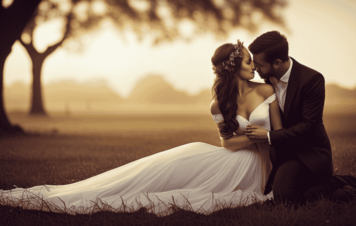 Capture the ethereal beauty of a spiritual wedding with an image of a couple softly embracing under a towering ancient oak tree, bathed in the soft glow of a setting sun, as delicate flower petals dance on the gentle breeze