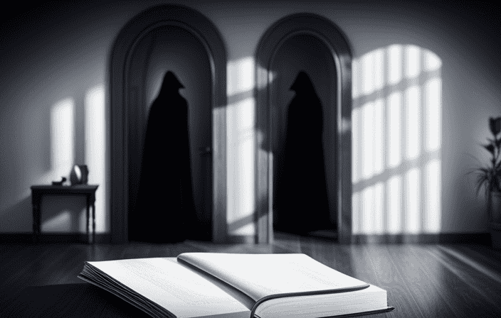 An image depicting a dimly lit room with a single candle casting eerie shadows on a worn-out book titled "The Mystique of 666"