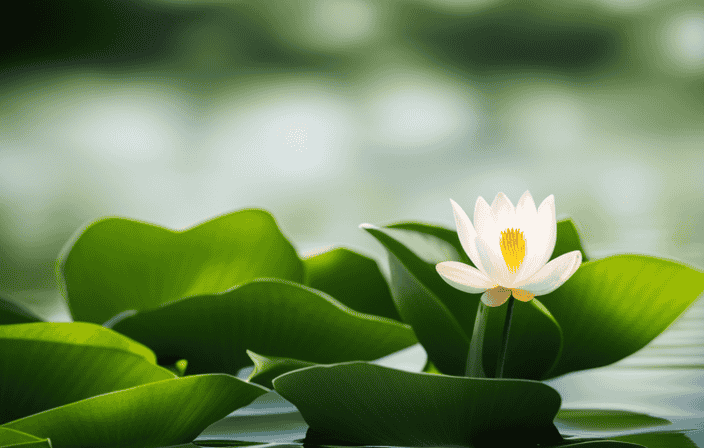 An image of a serene lotus flower blooming in a tranquil, sun-drenched pond surrounded by lush, green foliage