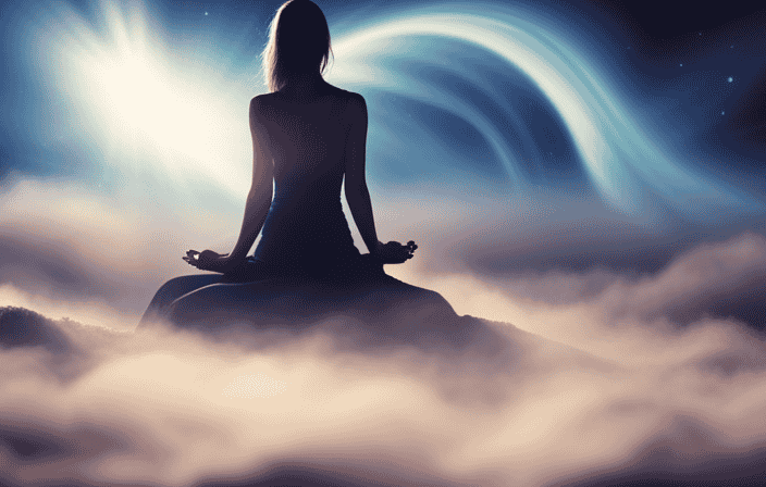 An image featuring a serene, deep blue aura embracing a meditating figure, surrounded by ethereal waves gently washing away negative energy, symbolizing the transformative power of a calming blue aura for spiritual growth and healing