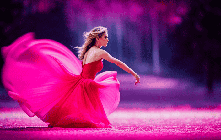 An image that showcases the vibrant energy of a hot pink aura, radiating with intensity and enveloping an artist's palette, a healing crystal, and a passionate dancer, evoking feelings of passion, creativity, and healing