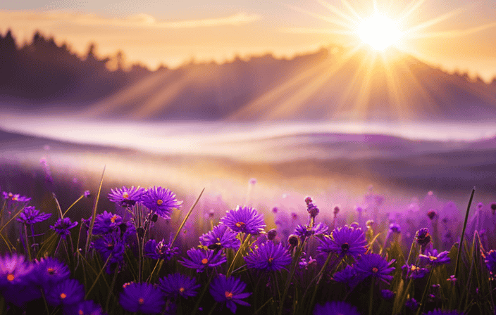 An image of a serene, sunlit meadow, blanketed in vibrant purple wildflowers swaying gently in the breeze