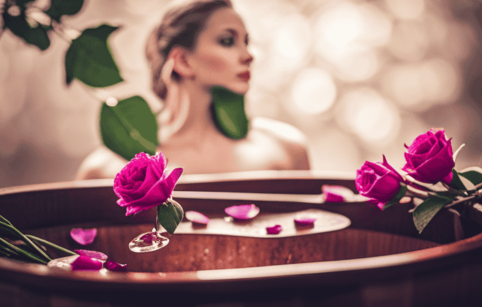An image showcasing a serene bathroom scene, featuring a wooden bathtub filled with steaming water infused with rose petals, lavender sprigs, sage leaves, and crystals, emanating a soothing aura of purification and healing