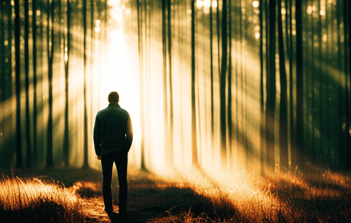 An image of a person standing in a serene forest, surrounded by vibrant hues of purifying light