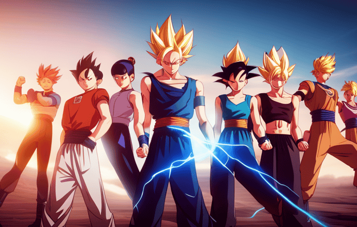 An image showcasing a vibrant array of Dragon Ball Xenoverse characters with diverse aura colors, each radiating their unique energy
