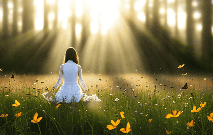 An image of a serene, mist-covered meadow at dawn, with soft rays of sunlight piercing through the trees, casting a golden glow on a figure gracefully meditating, surrounded by fluttering butterflies and blooming wildflowers