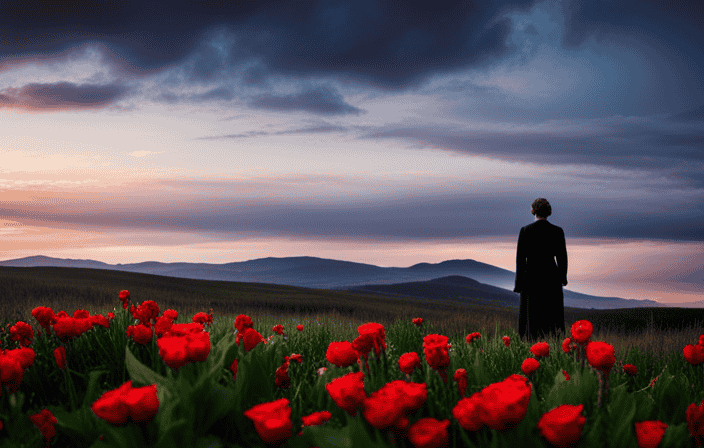 An image featuring a desolate landscape, where a solitary figure stands surrounded by vibrant, blooming flowers