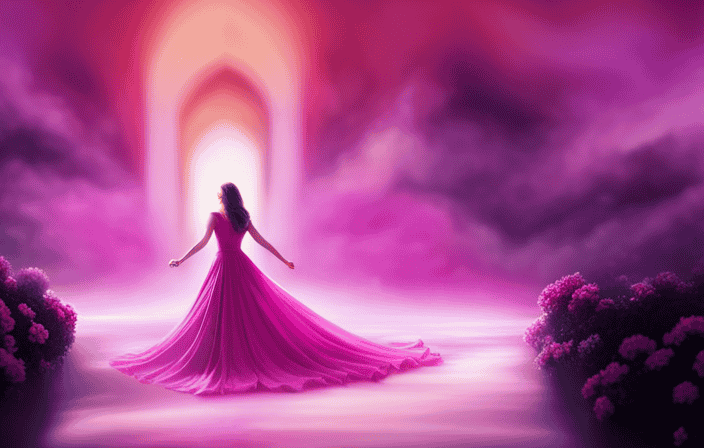 An image showcasing a person surrounded by a vibrant magenta aura, radiating waves of energy that intertwine with delicate brushstrokes, blooming flowers, and illuminated doorways leading to infinite possibilities