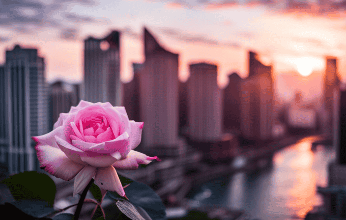 An image featuring a vibrant pink palette, showcasing a delicate rose blooming amidst the chaos of a bustling cityscape