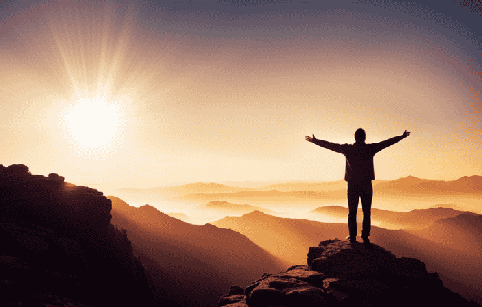 An image showcasing a solitary figure standing on a serene mountaintop, bathed in the warm hues of a sunrise, their outstretched arms reaching towards a radiant, ethereal light descending from the heavens