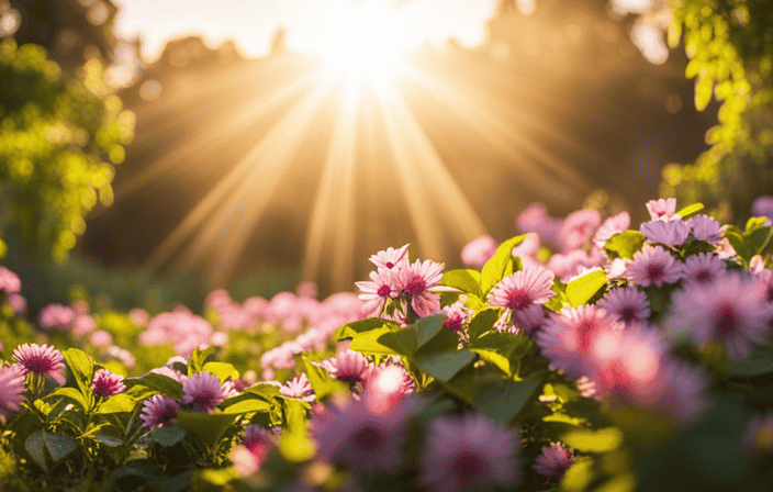 An image showcasing a vivid, radiant sun rising over a serene, flourishing garden