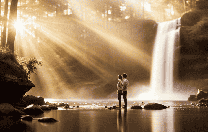 An image of a serene forest clearing, bathed in golden sunlight, where a person stands under a cascading waterfall