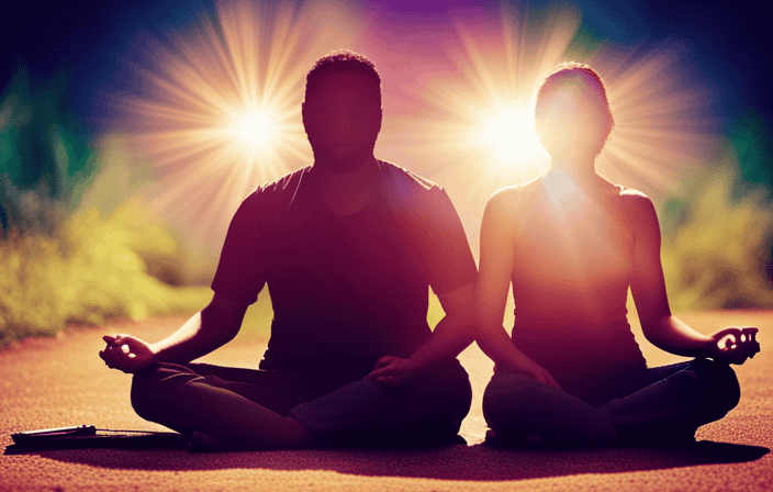 An image depicting two individuals sitting cross-legged, their eyes closed in deep meditation, surrounded by a vibrant aura of interconnected energy, symbolizing the profound bond and spiritual connection that fosters meaning and strengthens relationships