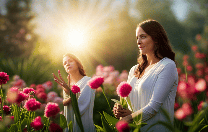 An image showcasing a serene setting, with a spiritual healer standing in a sunlit garden, surrounded by vibrant flowers