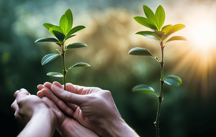 An image showcasing a pair of hands radiating vibrant, healing energy, enveloping a wilted plant