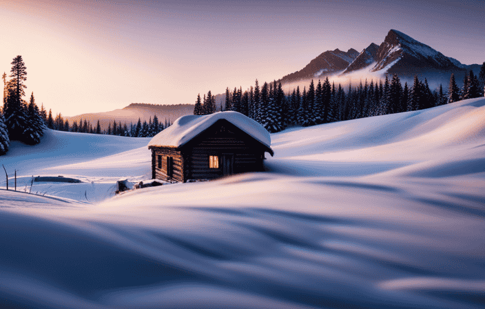 An image of a tranquil winter landscape, bathed in a soft golden light, where trees stand tall, their branches gently swaying, as a faint mist of warmth rises from a cozy cabin nestled amidst the snow-covered mountains