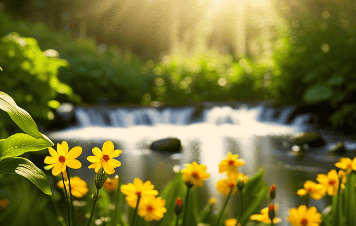 An image showcasing a serene, lush garden bathed in golden sunlight, with vibrant flowers blooming abundantly, butterflies gracefully fluttering, and a gentle stream flowing harmoniously, symbolizing the transformative power of spiritual laws