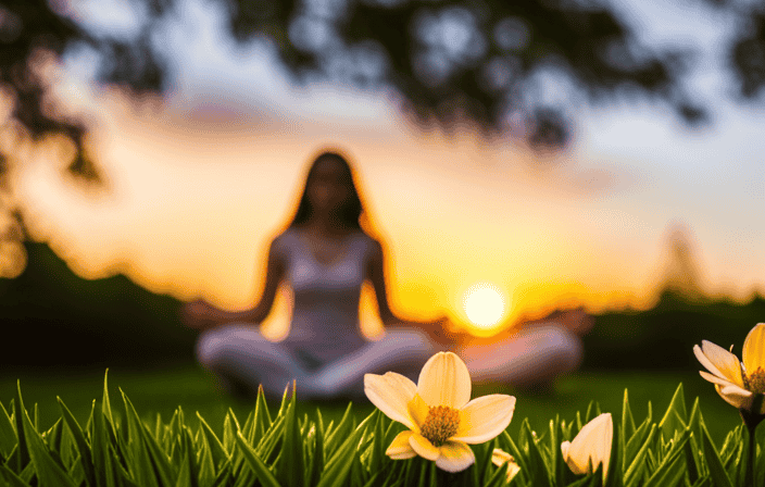 An image of a serene sunset casting a warm golden glow over a tranquil garden, where a solitary figure meditates under a blossoming tree, symbolizing the power of spiritual principles in discovering purpose and attaining inner peace