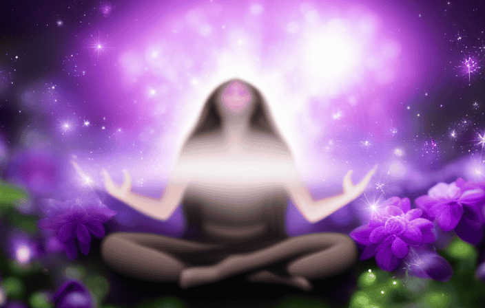 An image showcasing a vibrant purple aura enveloping a meditating figure, their third eye aglow with psychic energy