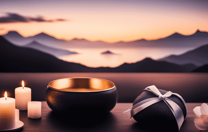 An image showcasing a serene, candlelit room with a cozy meditation cushion, a beautifully crafted Tibetan singing bowl, and a carefully wrapped gift box containing a personalized meditation journal and a delicate lotus flower charm bracelet