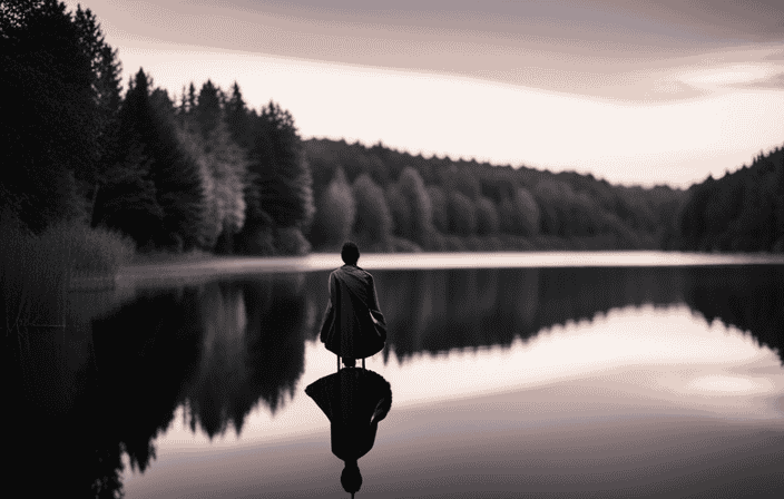 An image depicting a person standing at the edge of a serene lake, their reflection mirrored in the calm waters