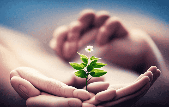 An image showcasing two hands gently cradling a delicate seedling, representing the nurturing guidance of a spiritual advisor, as it blossoms into a vibrant and flourishing tree of personal growth and transformation