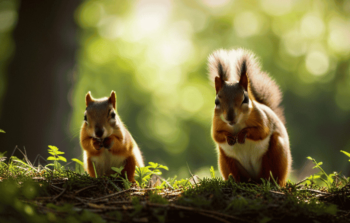An image capturing the essence of a serene forest scene, where a curious squirrel locks eyes with the viewer