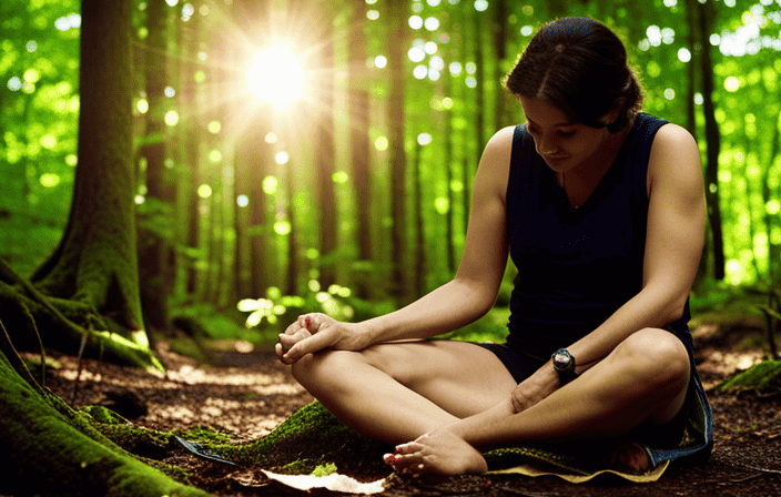 An image capturing a serene scene of a person seated cross-legged on a mossy forest floor, their right foot gently itching as rays of golden sunlight filter through the lush canopy overhead, bathing the foot in a warm glow