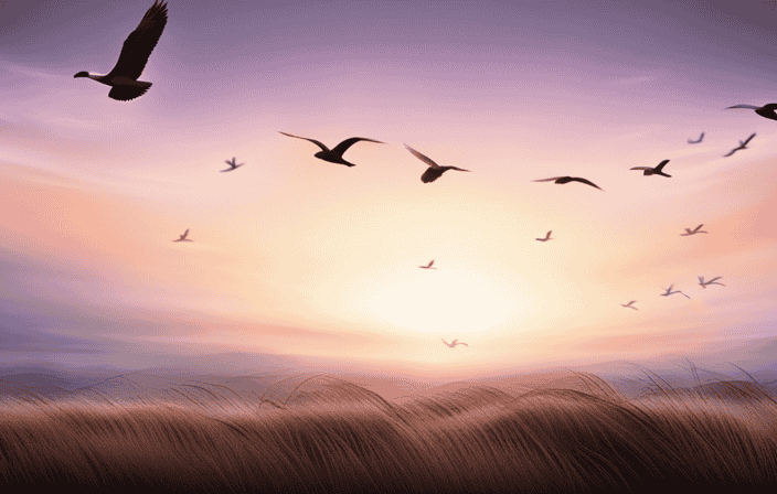 An image capturing a serene meadow at dawn, with a majestic flock of birds gracefully soaring overhead, their vibrant plumage contrasting against the soft hues of the sky, symbolizing the profound spiritual messages carried by these avian messengers
