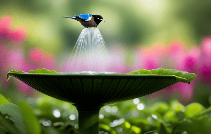 An image featuring a serene garden scene with an ornate bird bath, surrounded by lush flowers and trees
