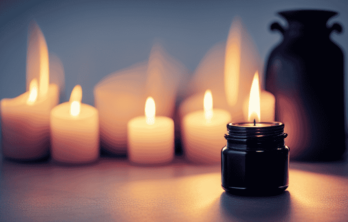 An image showcasing a black candle jar illuminated by a flickering flame, casting a mesmerizing glow