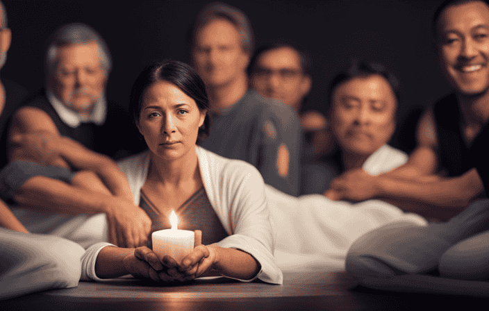 An image depicting a serene, candlelit room with a diverse group of individuals encircling a mother in a lotus position, embracing her breech birth experience, symbolizing the beautiful diversity in spiritual journeys