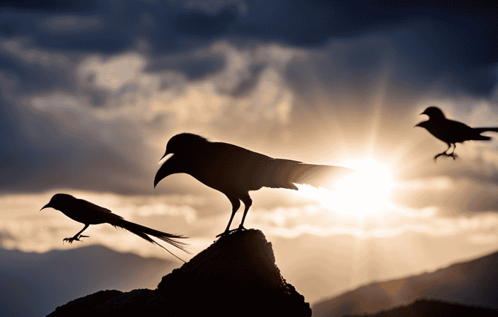 An image showcasing the ethereal aura of crows, with their glossy black feathers shimmering in the dappled sunlight, as they gracefully soar overhead, embodying the symbolic roles of messengers, transformation, and guardianship