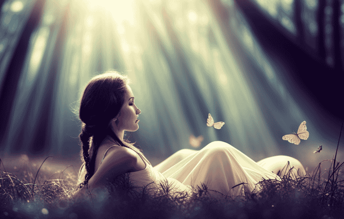 An image depicting a serene, ethereal setting with a person surrounded by flickering rays of light and delicate butterflies, as their closed eyes twitch with mystical energy