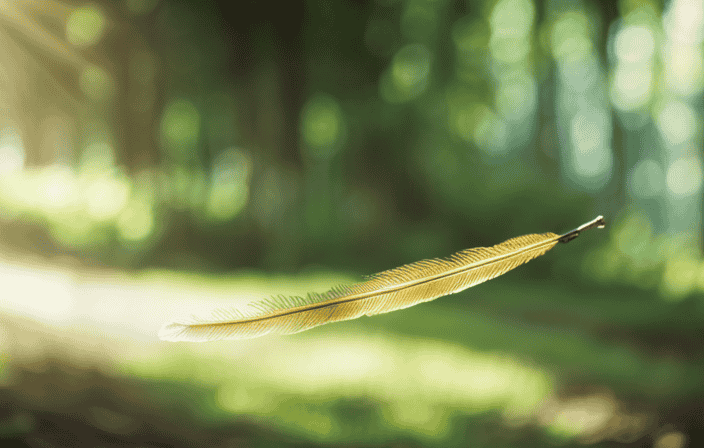 An image capturing a serene forest scene: a beam of golden sunlight filters through the emerald canopy, revealing a delicate feather floating mid-air, bathed in ethereal glow, as if an otherworldly message awaits revelation